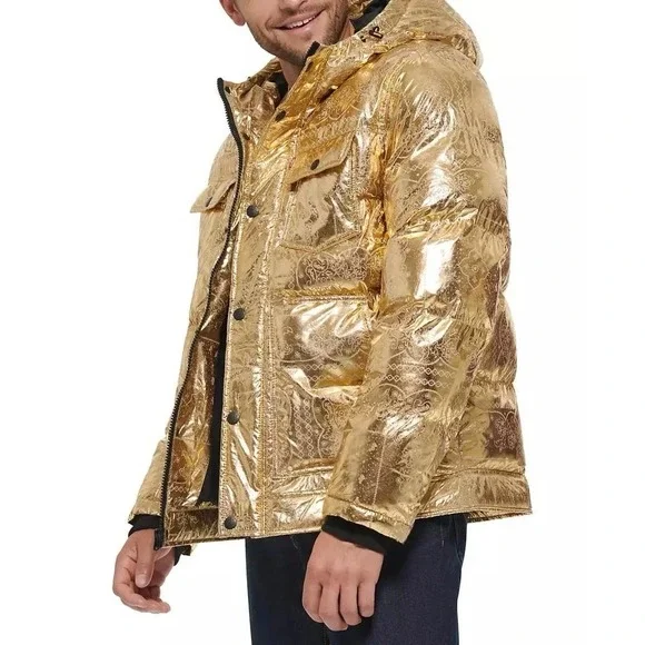 Levi's Puffer Jacket Men's L Gold Bandana Paisley Quilted Hooded X2814 $225 - Picture 3 of 14